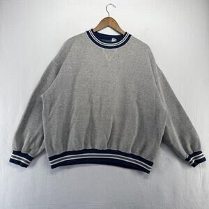 Vintage Blank Sweatshirt Men's 2XL Gray Blue Striped Collar Crewneck Solid 90s
